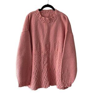 Handmade Knit Cable Knit Oversized Casual Pullover Crew Neck Sweater Pink XL